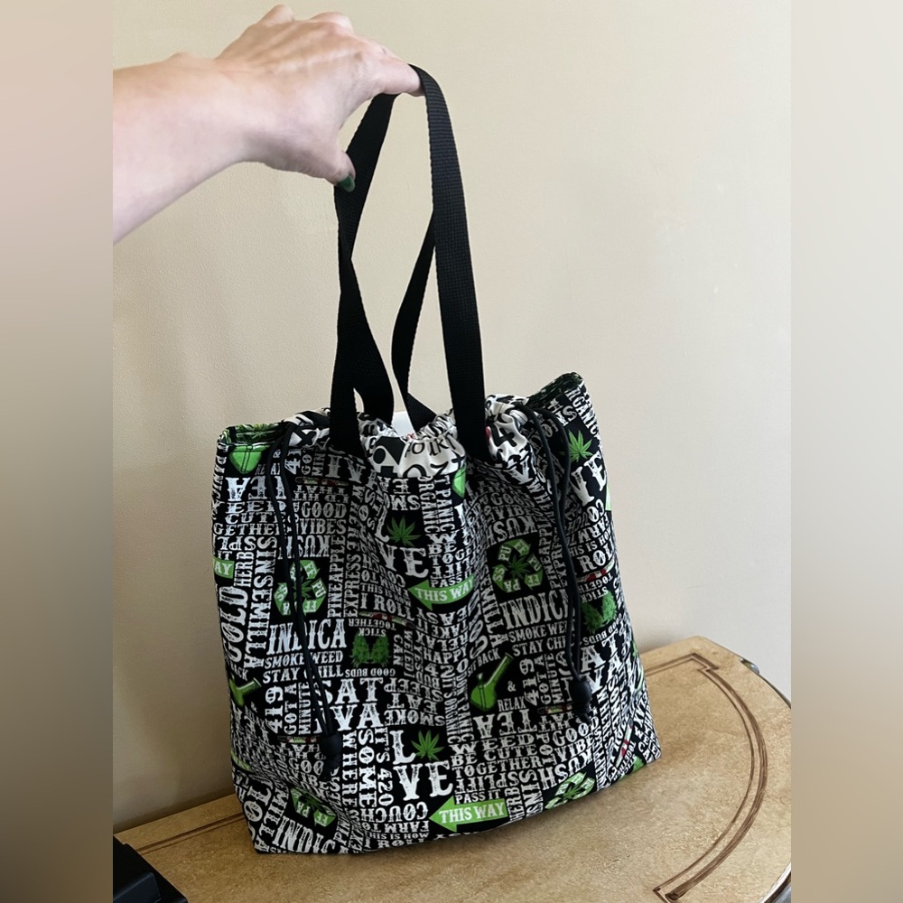 Drawstring 420 “Bud” Large Tote Shoulder Fabric Reversible Bag. Handmade.